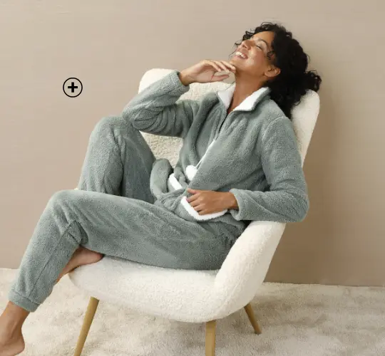 Pyjama voor dames in fleece met ritsjasje en pompons, ideaal voor winteravonden | Blancheporte
