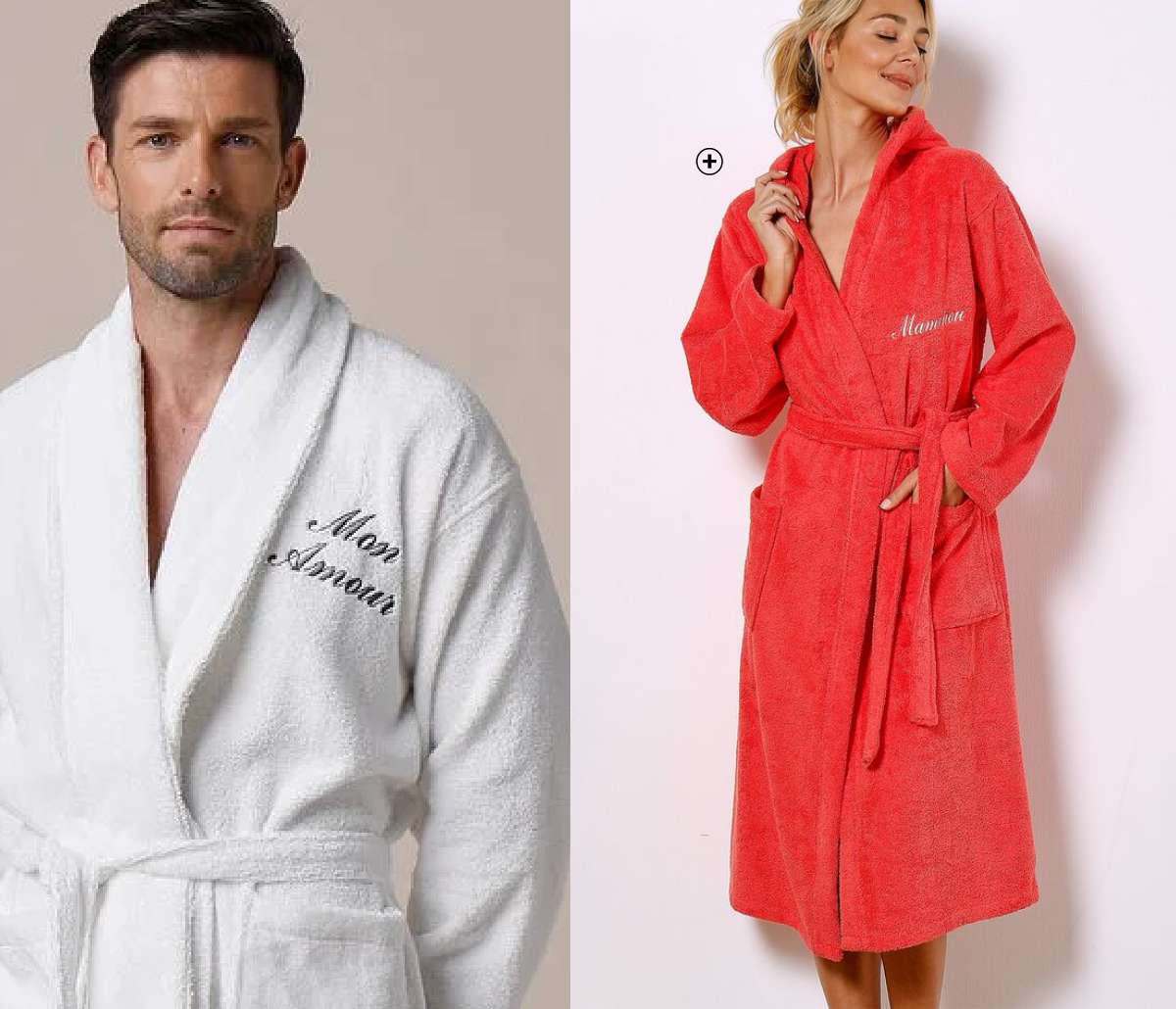 Personaliseerbare badjas voor dames en heren Colombine® in koraalrode badstof met kraag en kap, goedkoop | Blancheporte