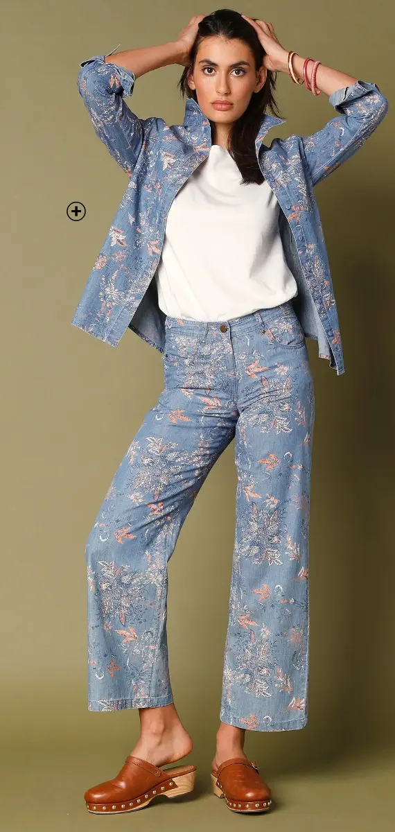 Chemisier en jean femme à imprimé fleuri bleu et orange pas cher | Blancheporte