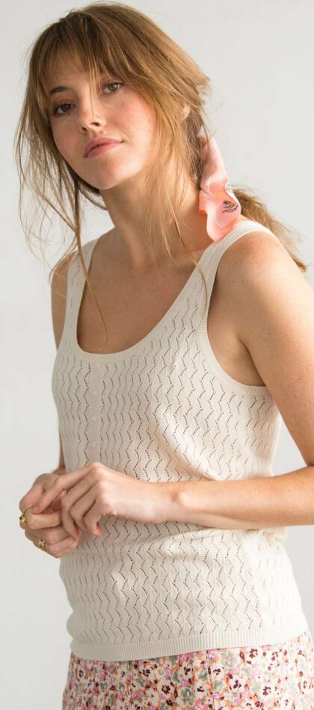Débardeur blanc tricot maille ajourée femme pas cher | Blancheporte