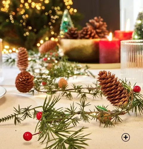 Kerstslinger met lampjes en dennenappels in groen en bruin, goedkoop | Blancheporte