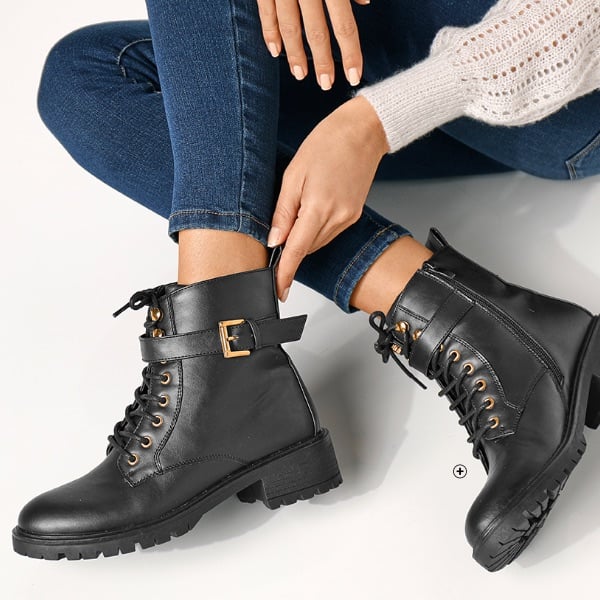 Zwarte biker boots voor dames met vetersluiting en gekartelde zool, goedkoop | Blancheporte