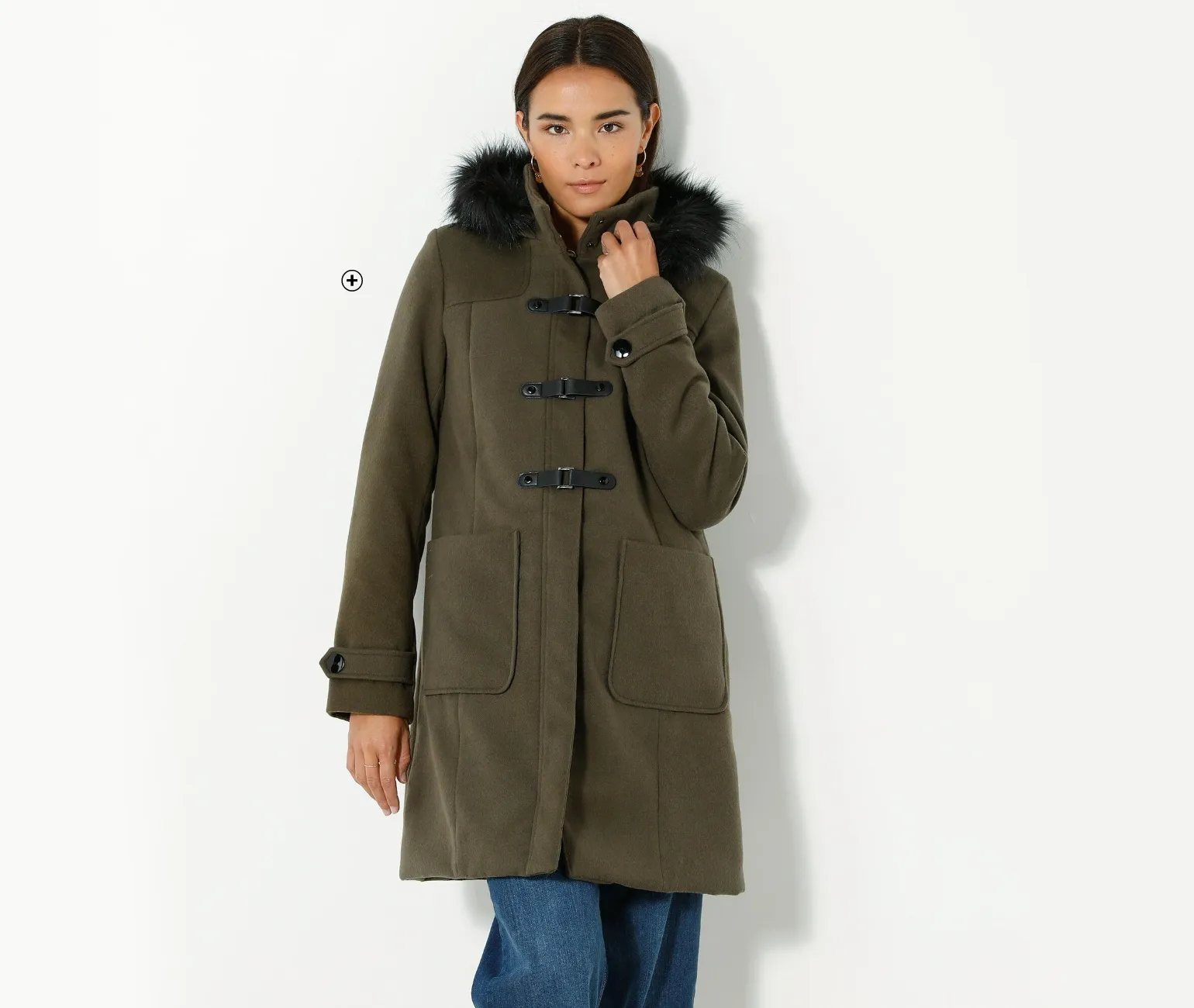 Duffle-coat femme à capuche fausse fourrure uni vert kaki pas cher | Blancheporte