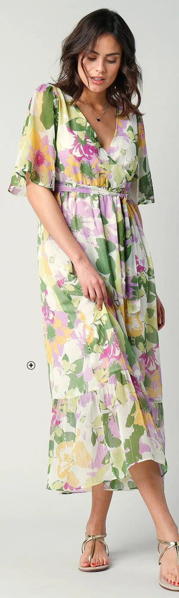 Lange zomerjurk voor dames met wikkelaspect in beige met groene XXL bloemenprint, goedkoop | Blancheporte