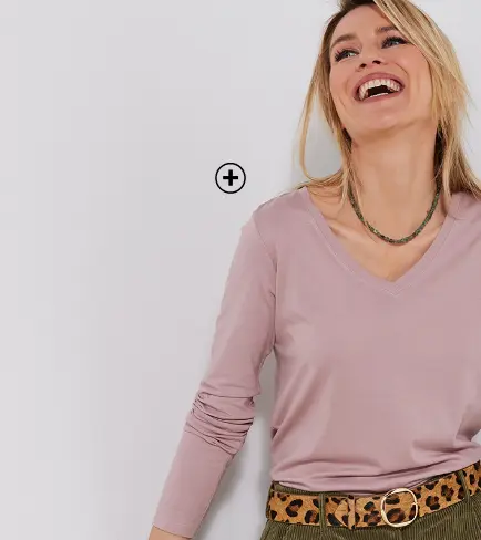 T-shirt col V manches longues gris, basique parfait à associer avec un pantalon large | Blancheporte