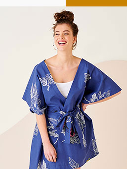 Kimono ceinturé manches évasées bleu imprimé coton upcycling - Blancheporte 