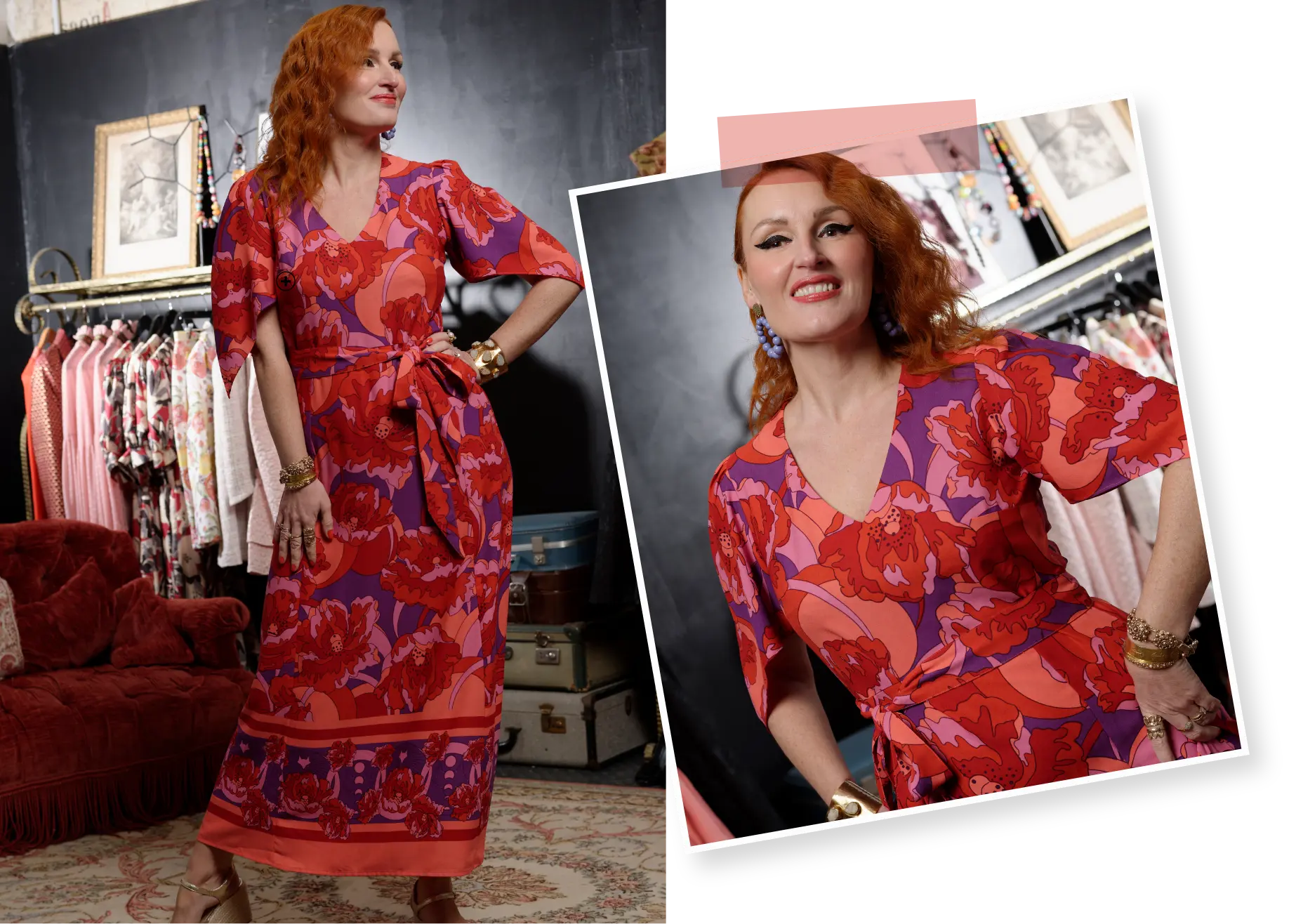 Lange jurk met print in rood en paars Oracle | Collectie Blancheporte x Marilyn Feltz