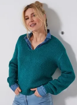 Pull femme col V coupe loose toucher mohair vert bleu pas cher | Blancheporte