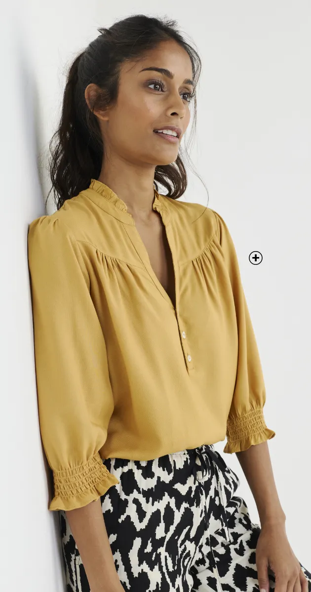 Effen gele blouse met tuniekraag en smockmouwen tot elleboog dames - Blog Blancheporte