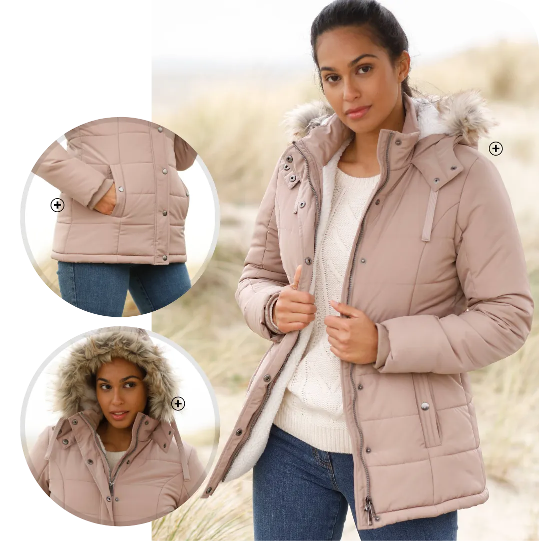 Waterdichte donsjas met capuchon en sherpa-fleecevoering, comfortabel volume ideaal voor wie warmte en zachtheid zoekt – Blog Blancheporte