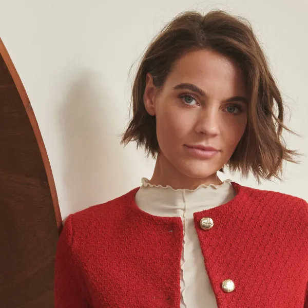 Veste boutonnée, tweed rouge - Blog Blancheporte