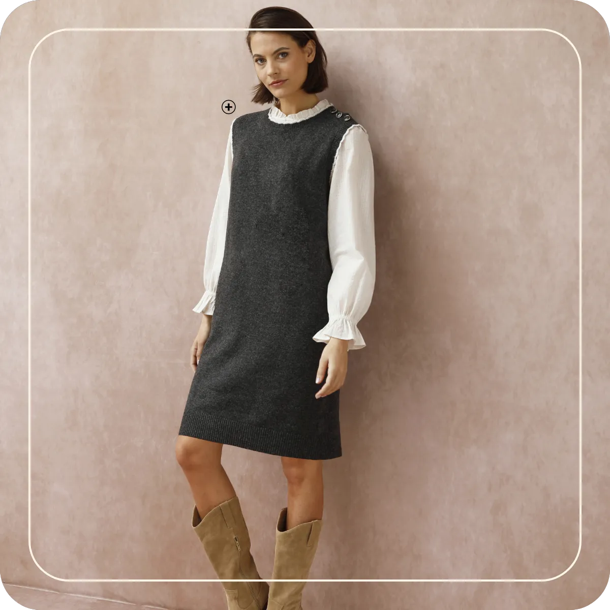 Mouwloze trui-jurk met contrasterende afwerkingen, te dragen over een blouse of coltrui voor een trendy look ondanks de kou – Blancheporte