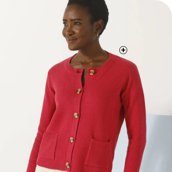 Gilet paletot en maille fantaisie avec boutons effet corne, un basique élégant pour les femmes de plus de 50 ans – quel style vestimentaire après 50 ans | Blancheporte
