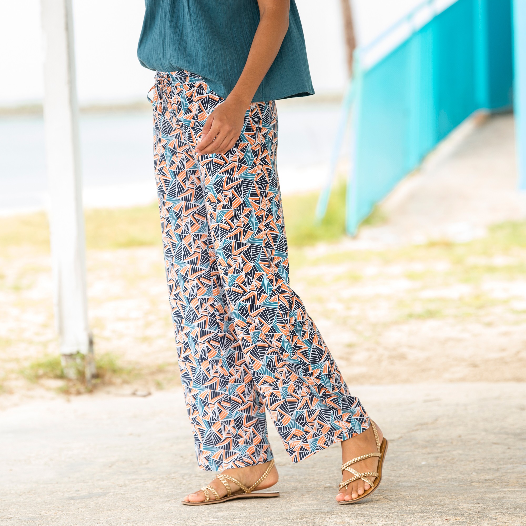 Pantalon fluide imprime taille elastiquee bleu orange Blancheporte