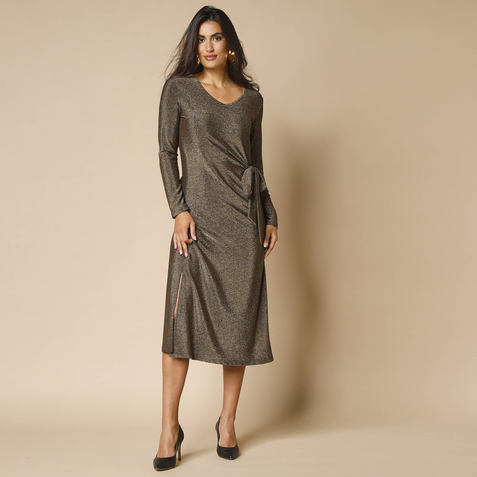 Robe Dentelle Dorée Manches Longues Noir Doré Blancheporte Taille 48 - Neuve Sans étiquettes, Style Soirée !