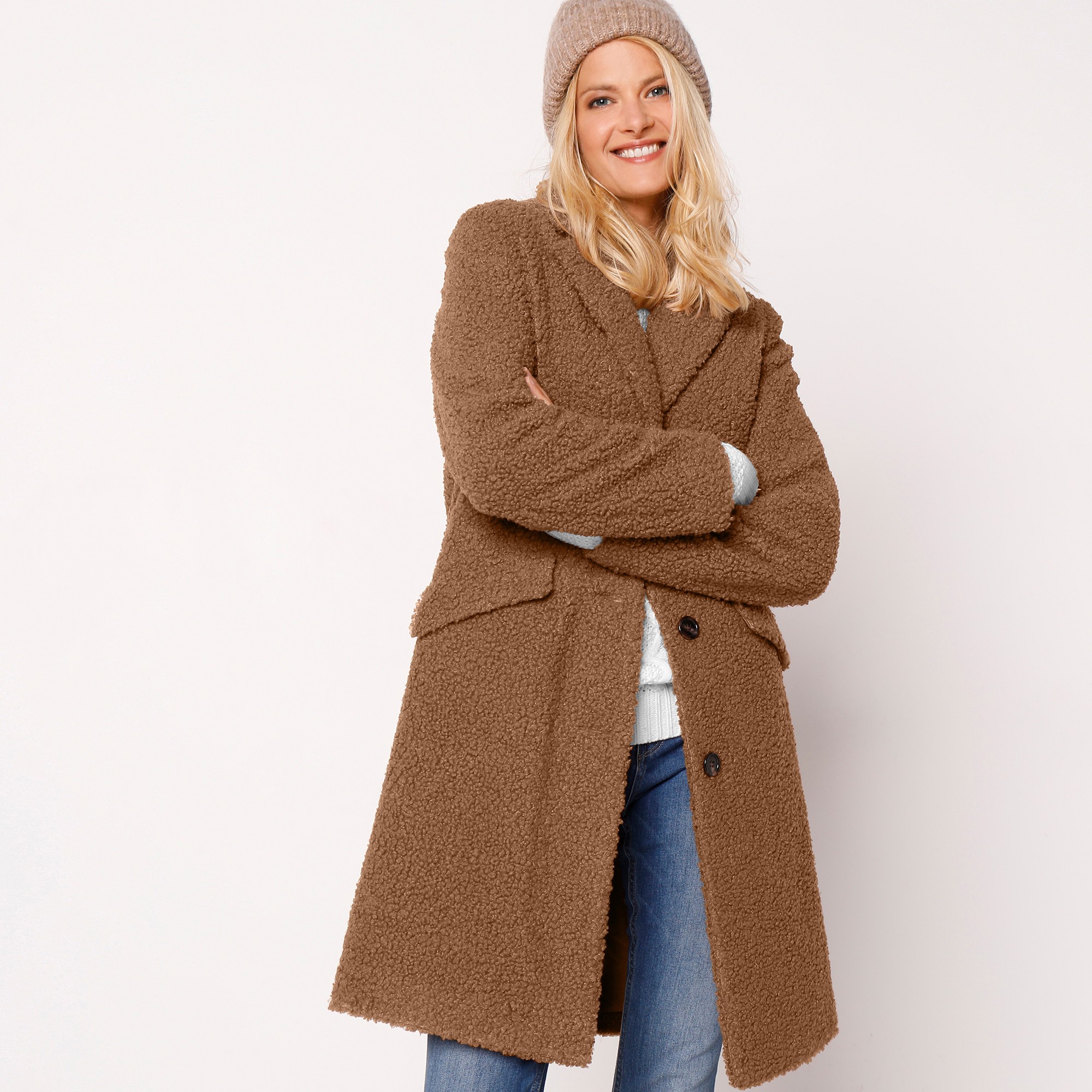 Manteau maille bouclette col tailleur caramel Blancheporte