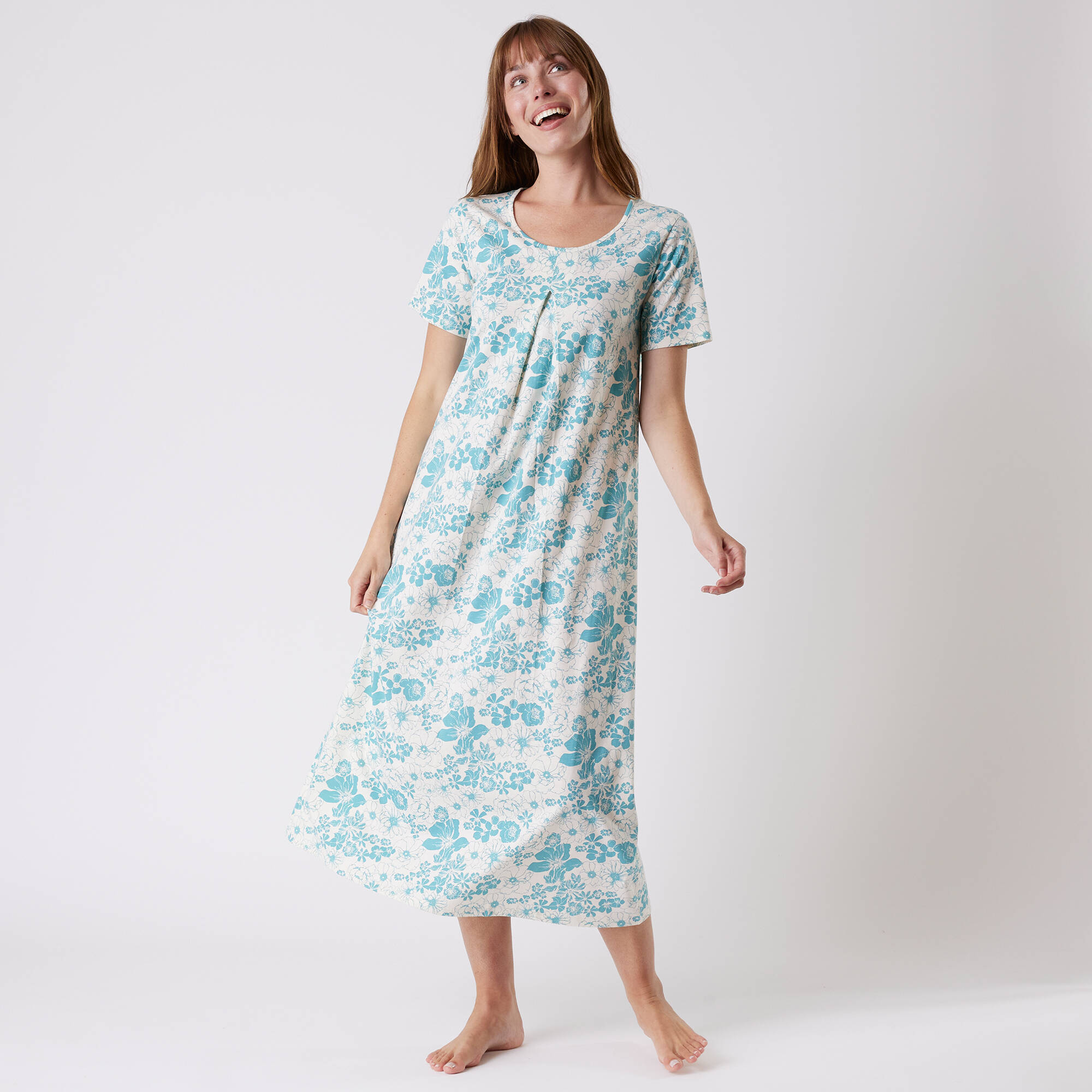 Chemise de nuit longue imprimée fleurie, manches courtes