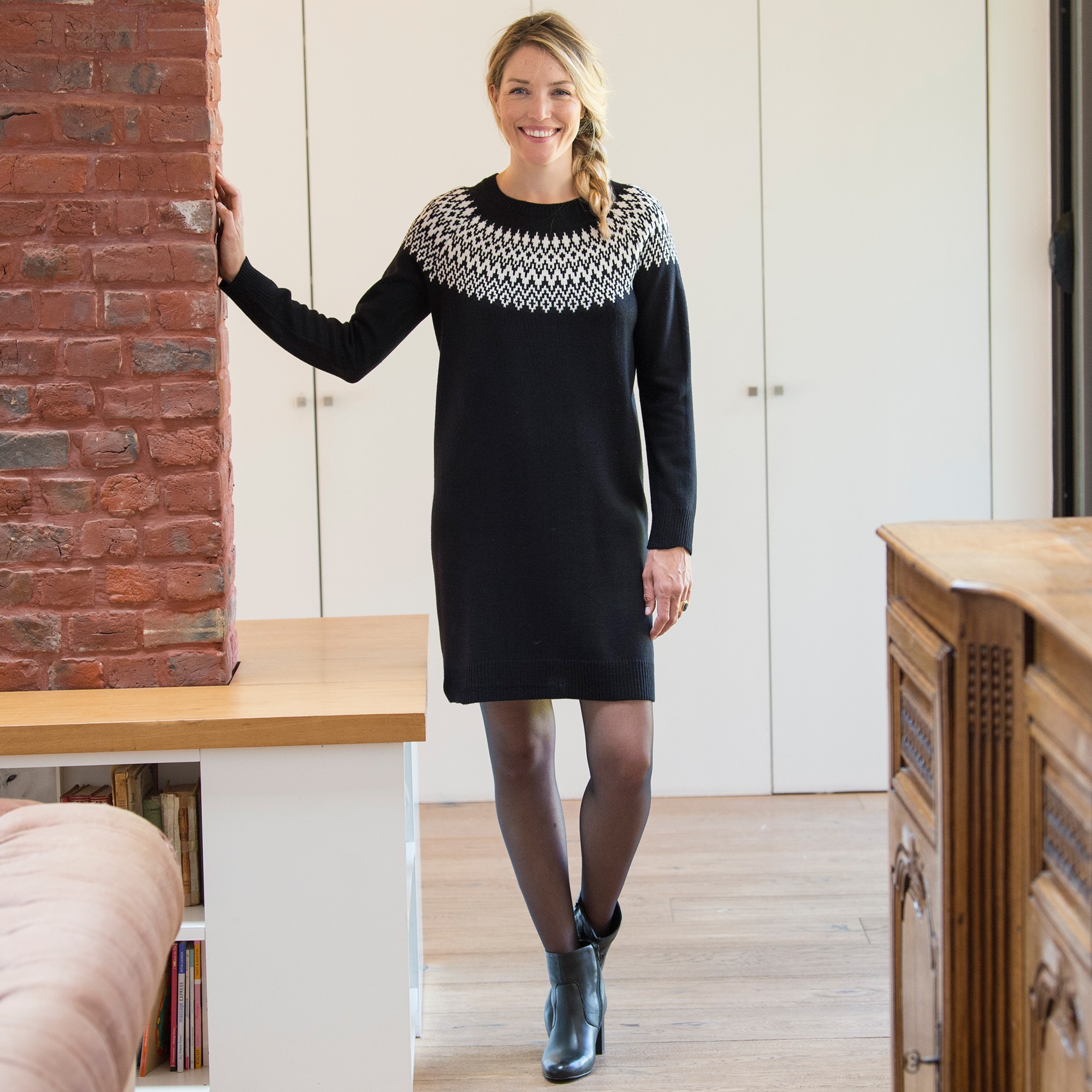 Robe pull col bateau maille jacquard noir cru Blancheporte
