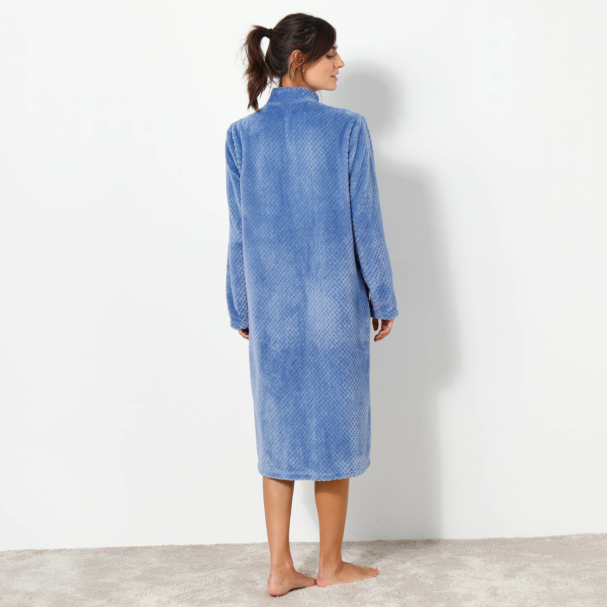 Robe de chambre zippée maille polaire texturée, bleu jean
