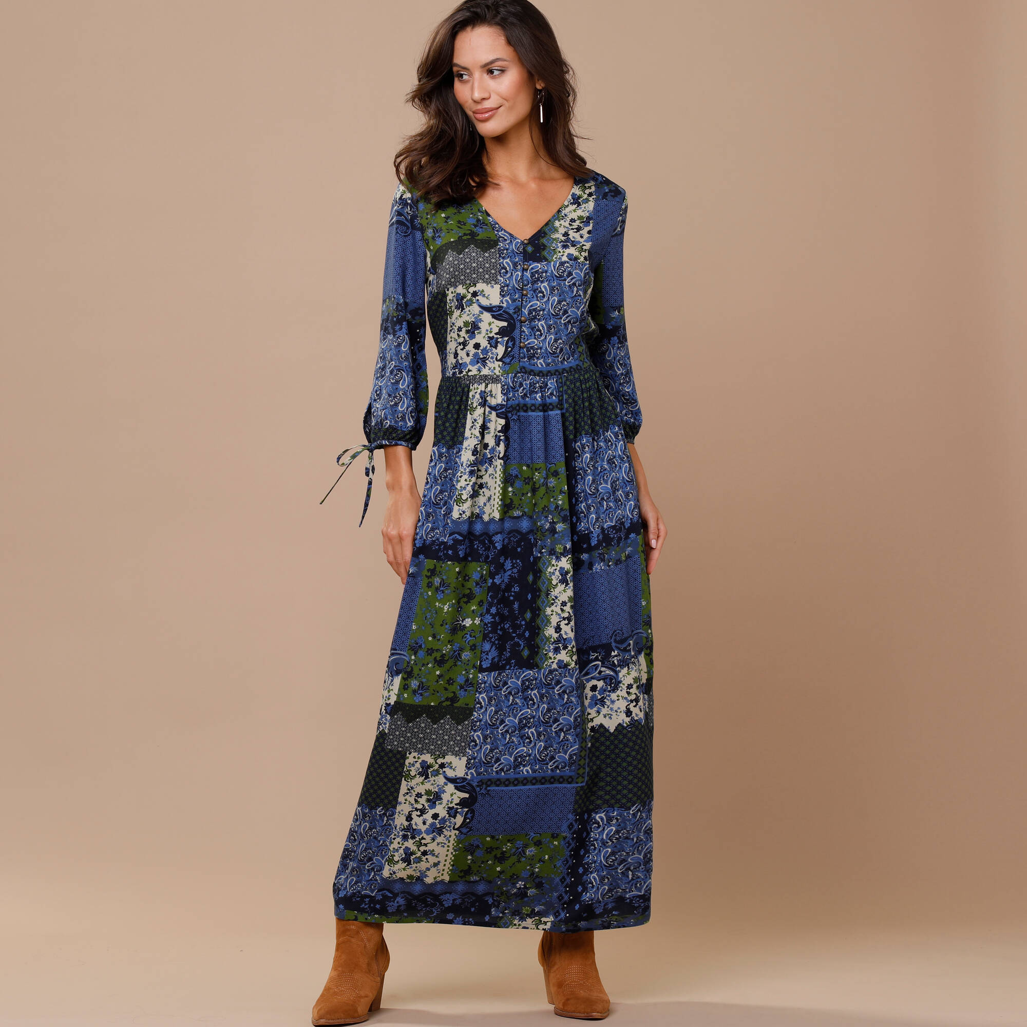 Robe Longue Bohème Patchwork Multicolore - Taille ~40/42 - Viscose - Occasion TB