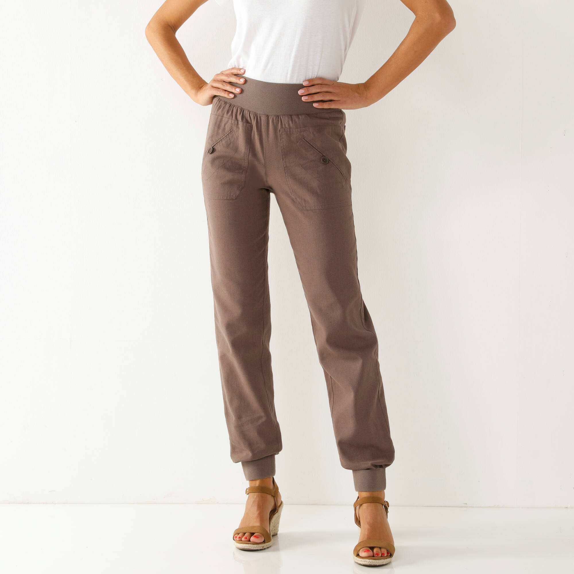 Bloezende broek met elastische taille, linnen-katoen, marron glacé