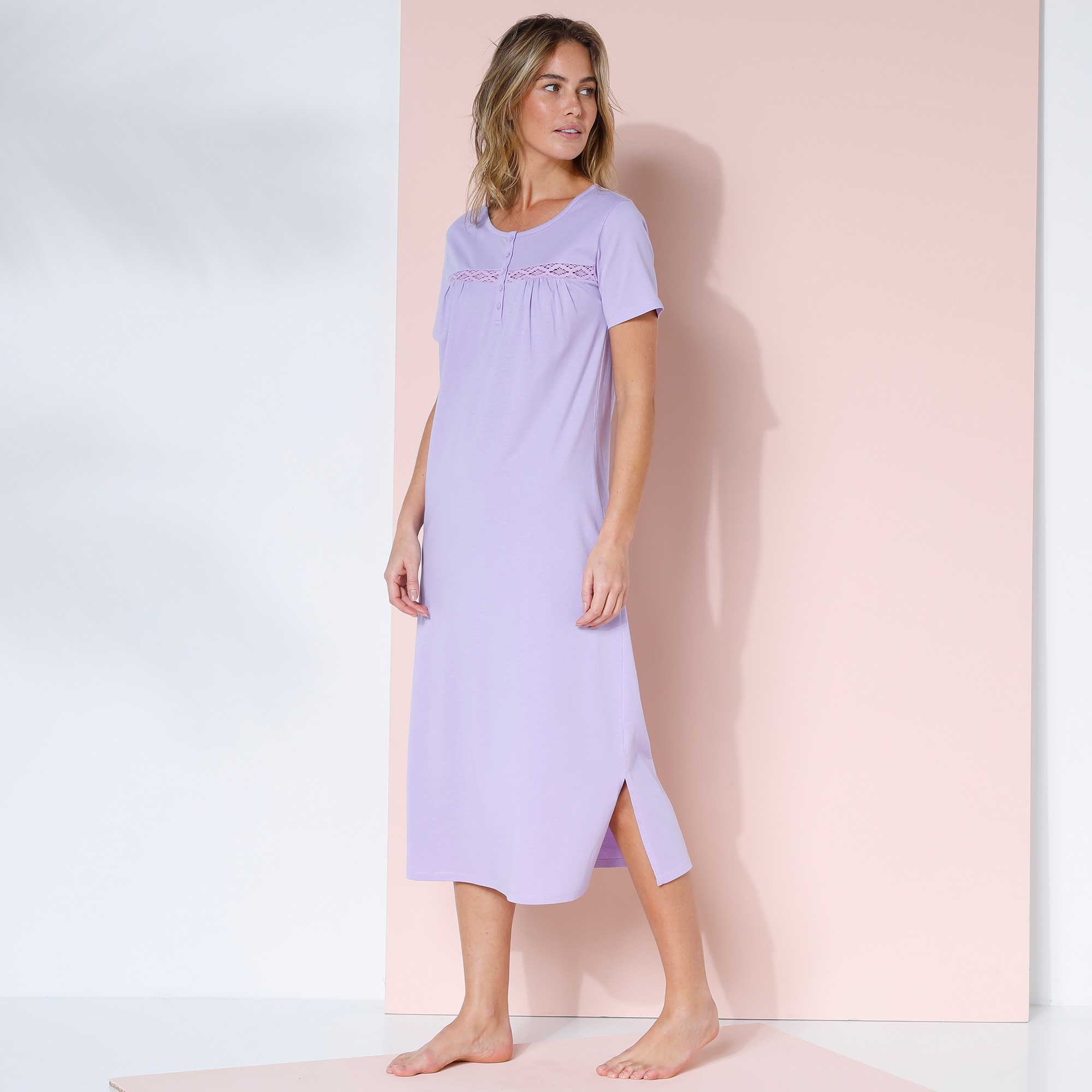 Chemise de nuit longue manches courtes unie parme Blancheporte