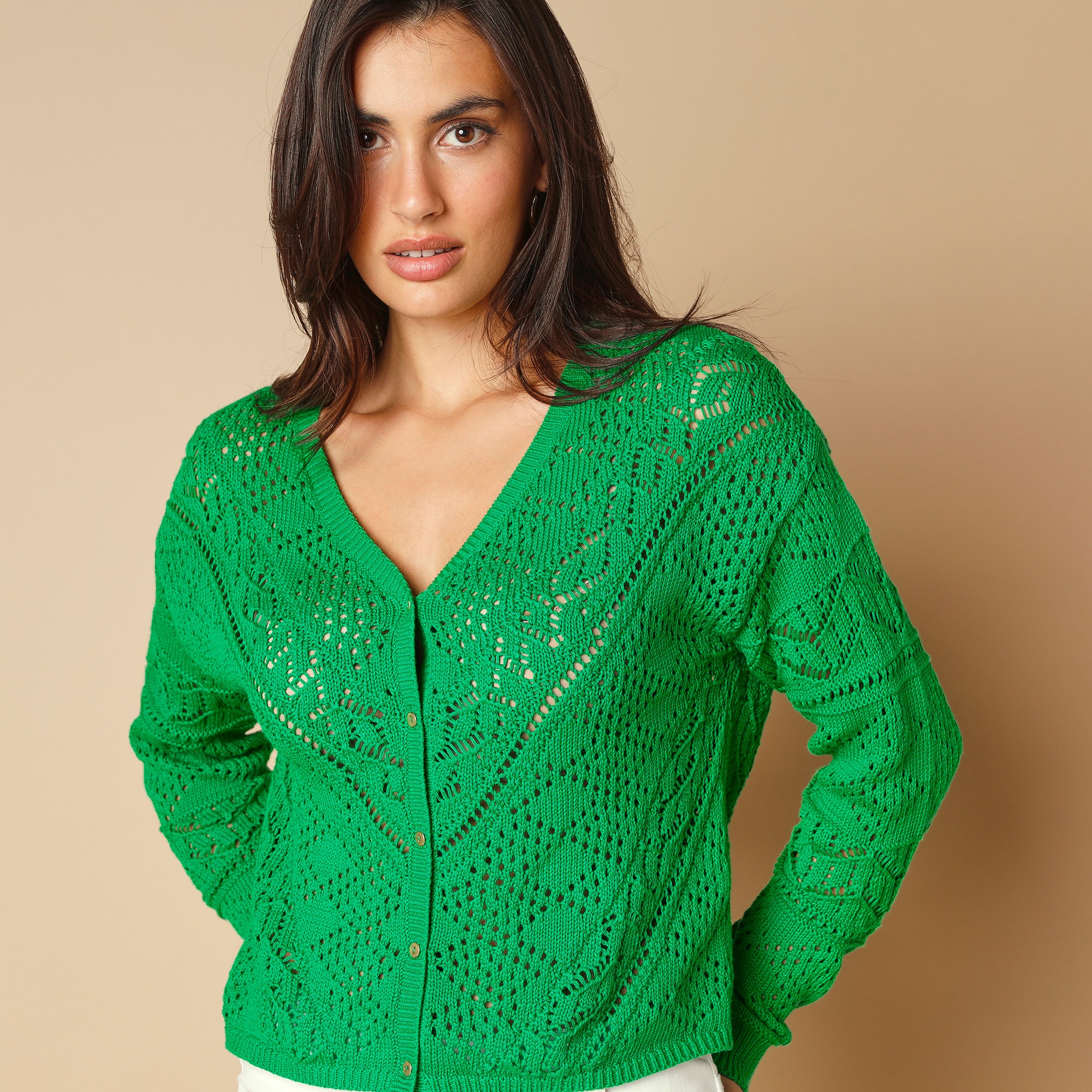 Gilet maille ajouree fantaisie boutons dores vert Blancheporte