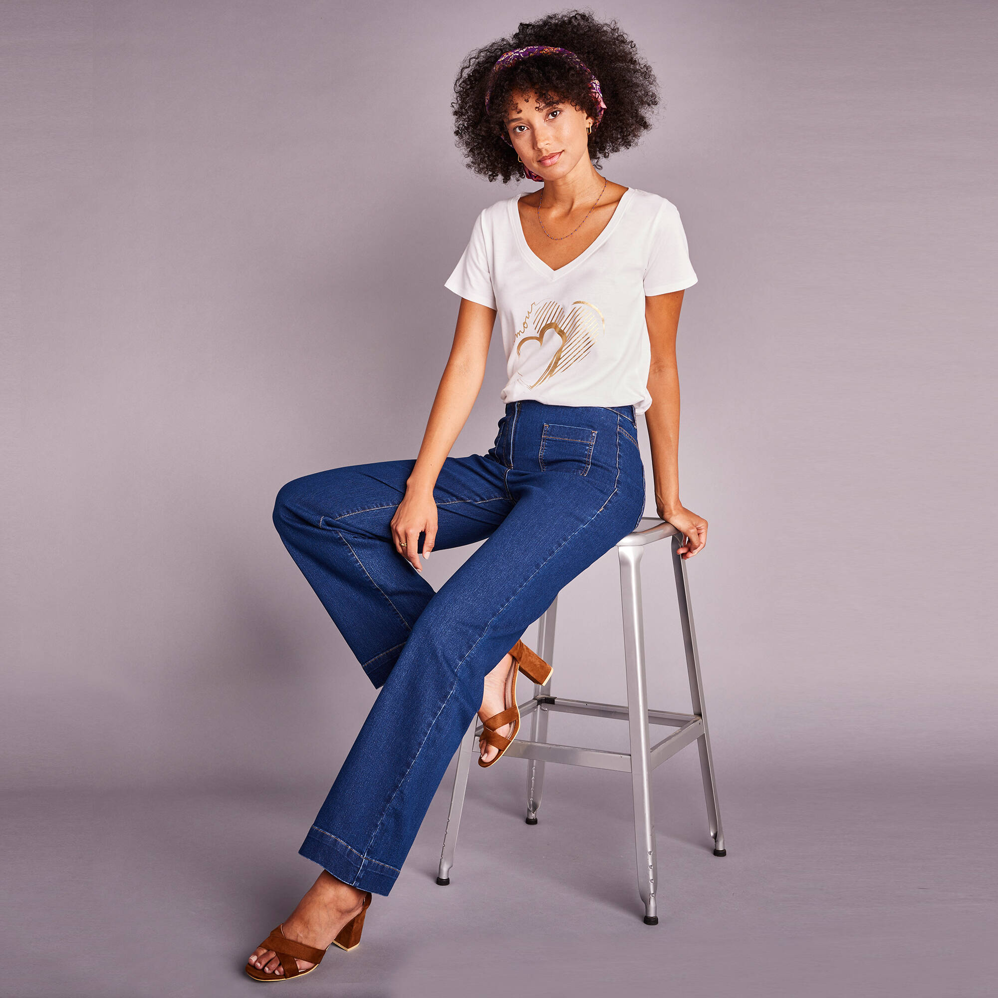 Ruime, rechte jeans, hoge taille, kleine lengte, stone Blancheporte