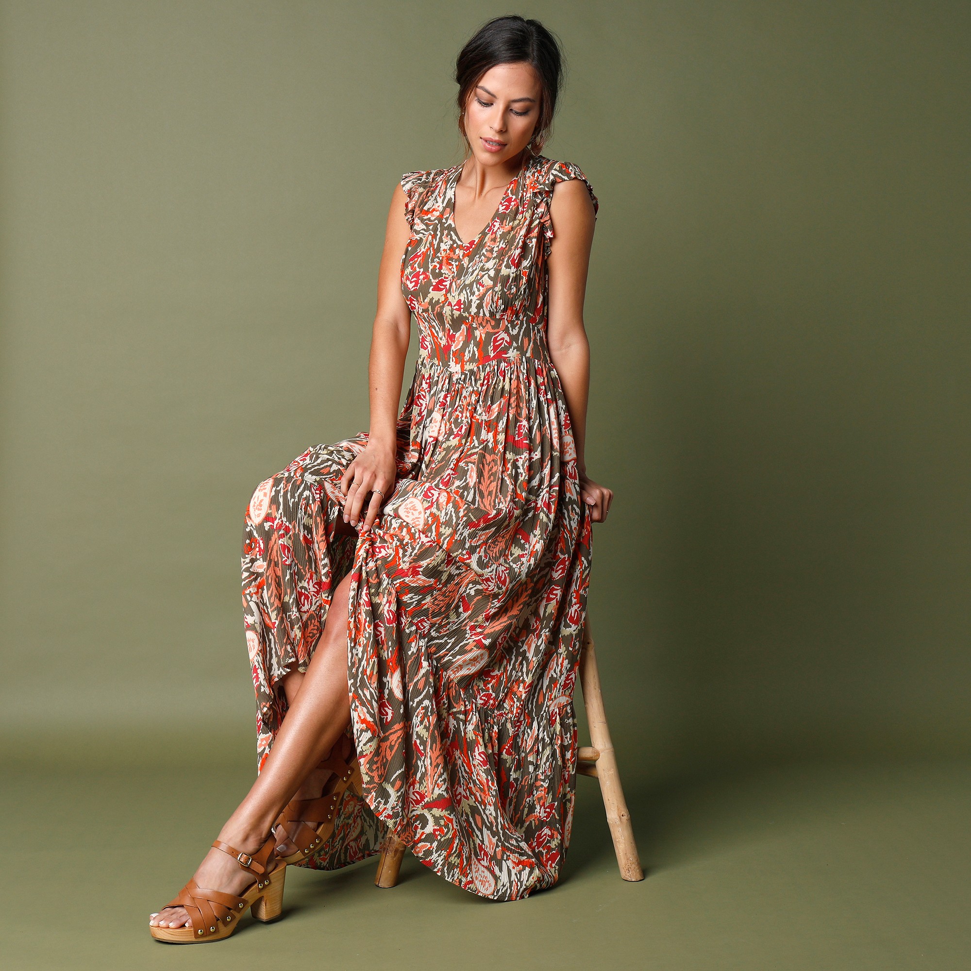 Robe longue imprimee sans manches kaki paprika Blancheporte