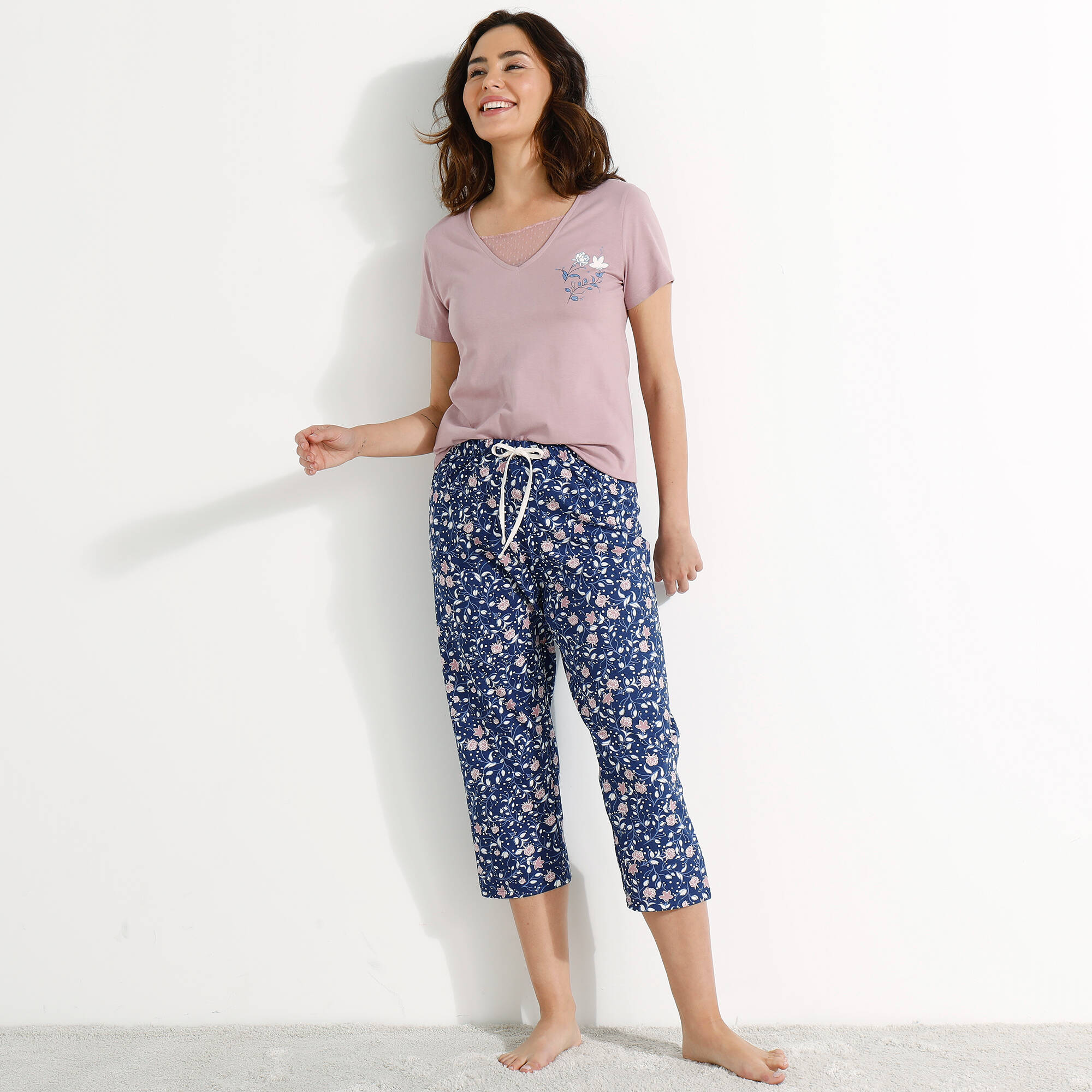 Pantacourt pyjama coton imprimé floral, marine mauve Blancheporte