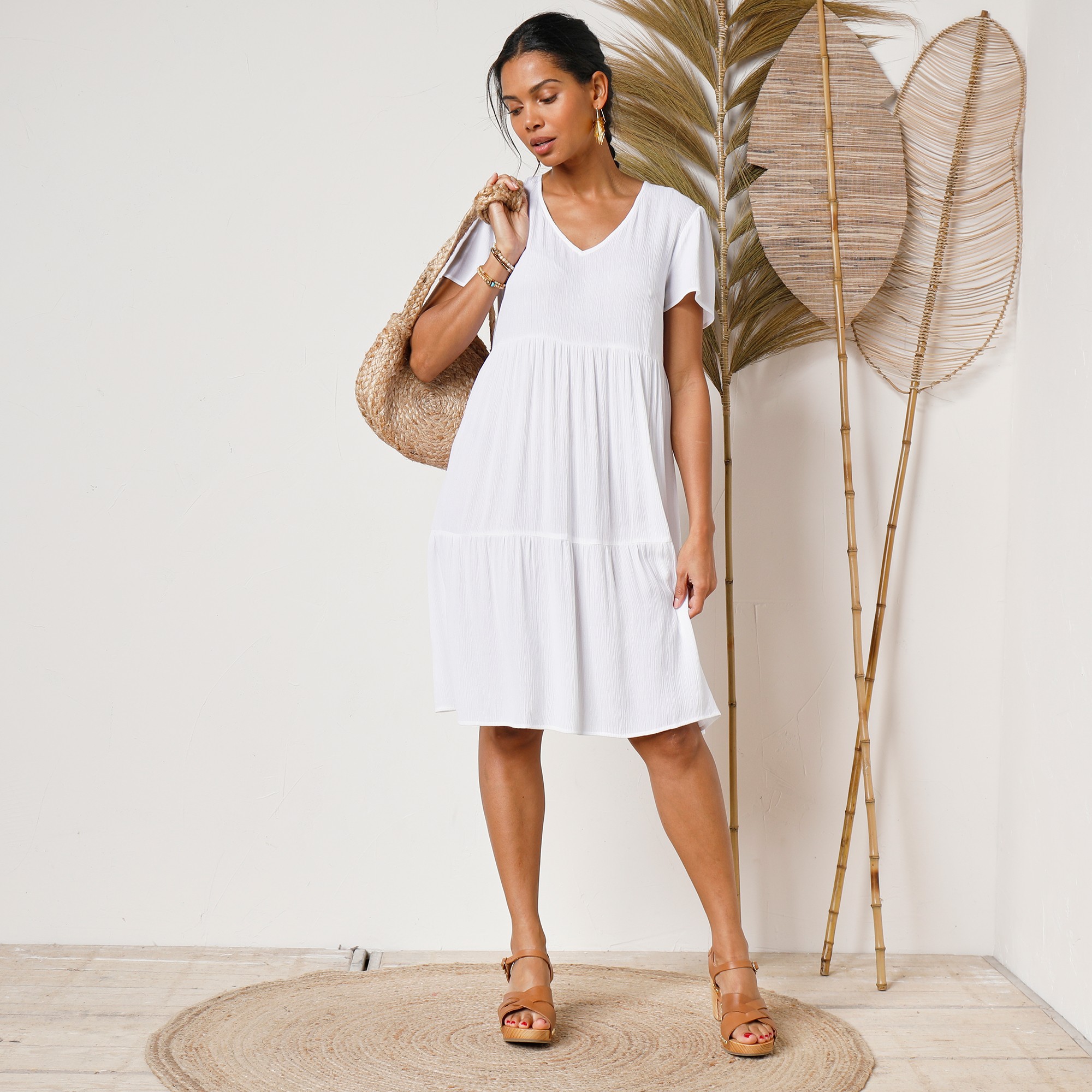 Robe col V courte unie crepon blanc Blancheporte