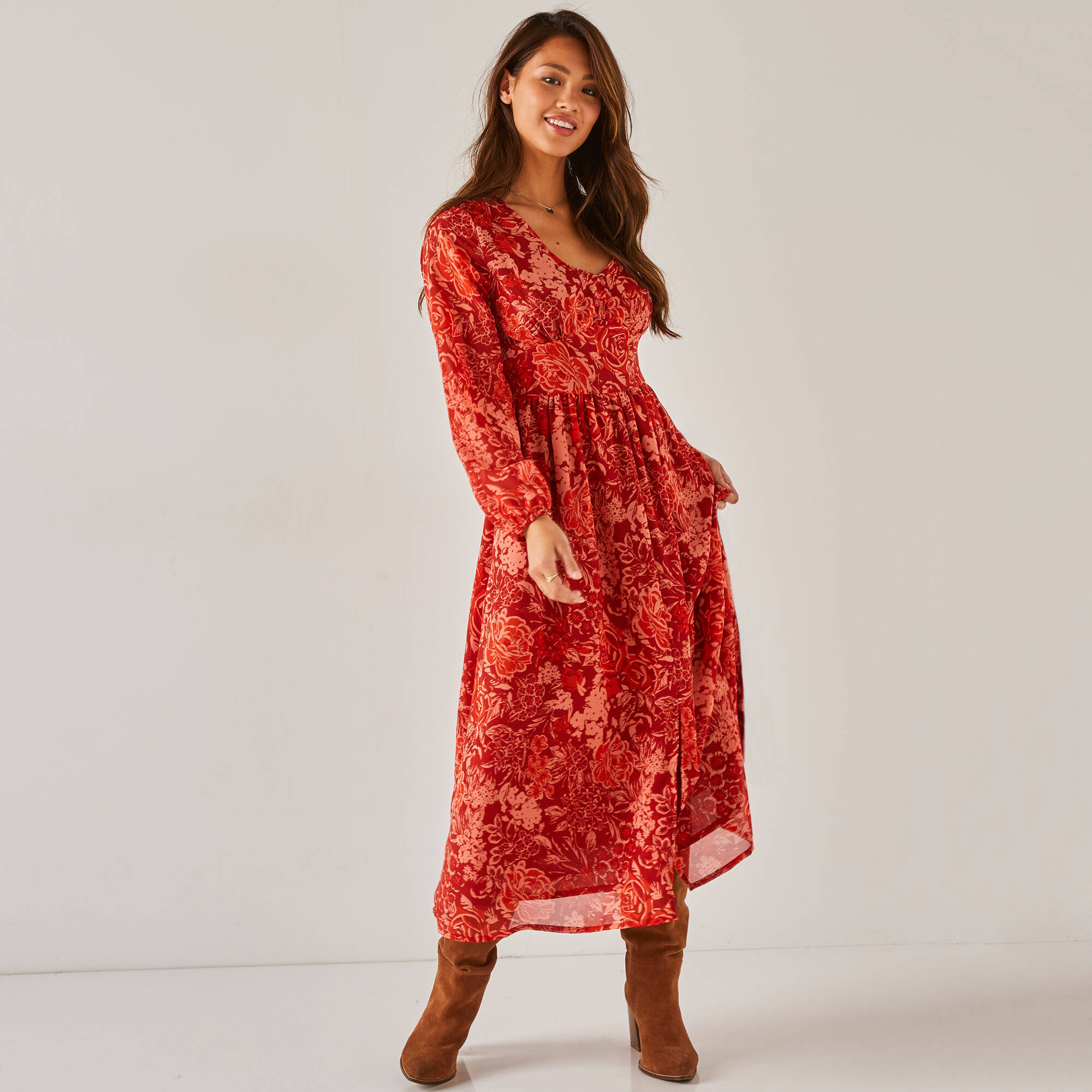 Bedrukte uitlopende jurk voile speciaal voor kleine lengtes paprika Blancheporte