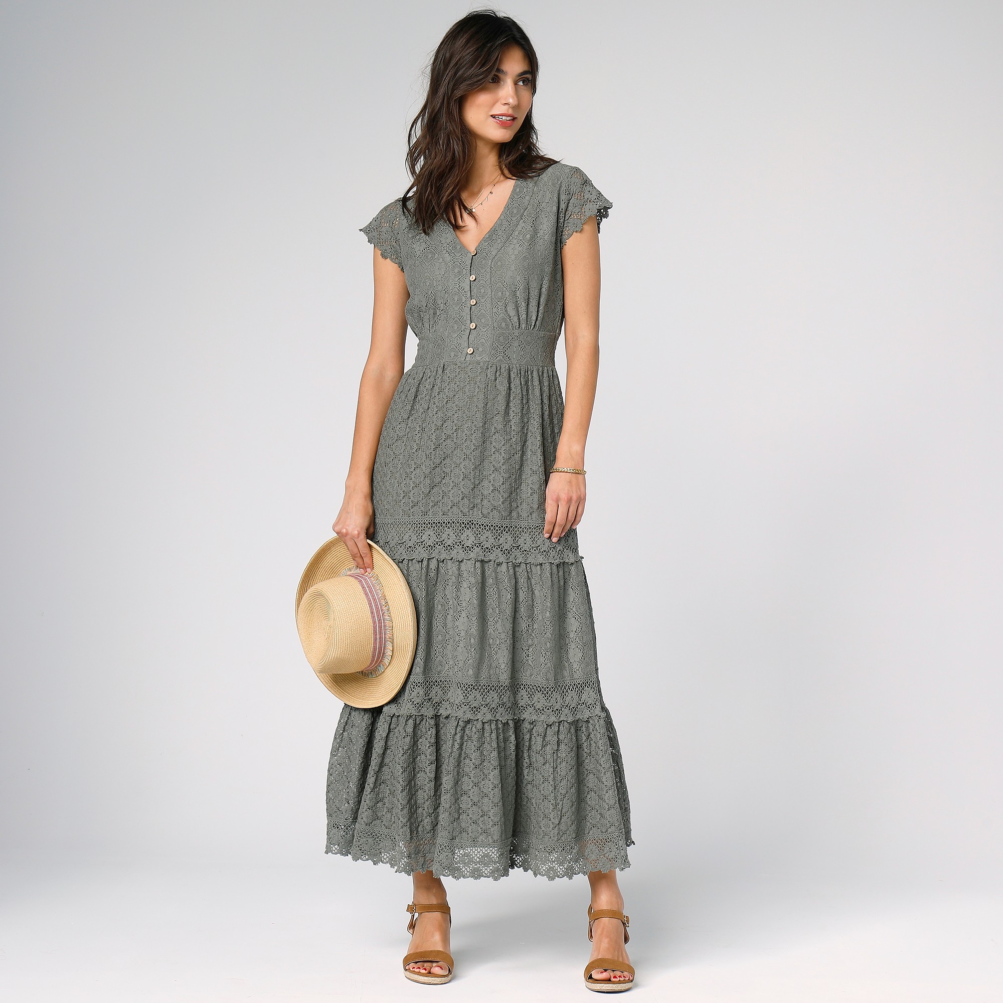 Robe longue dentelle macrame kaki Blancheporte