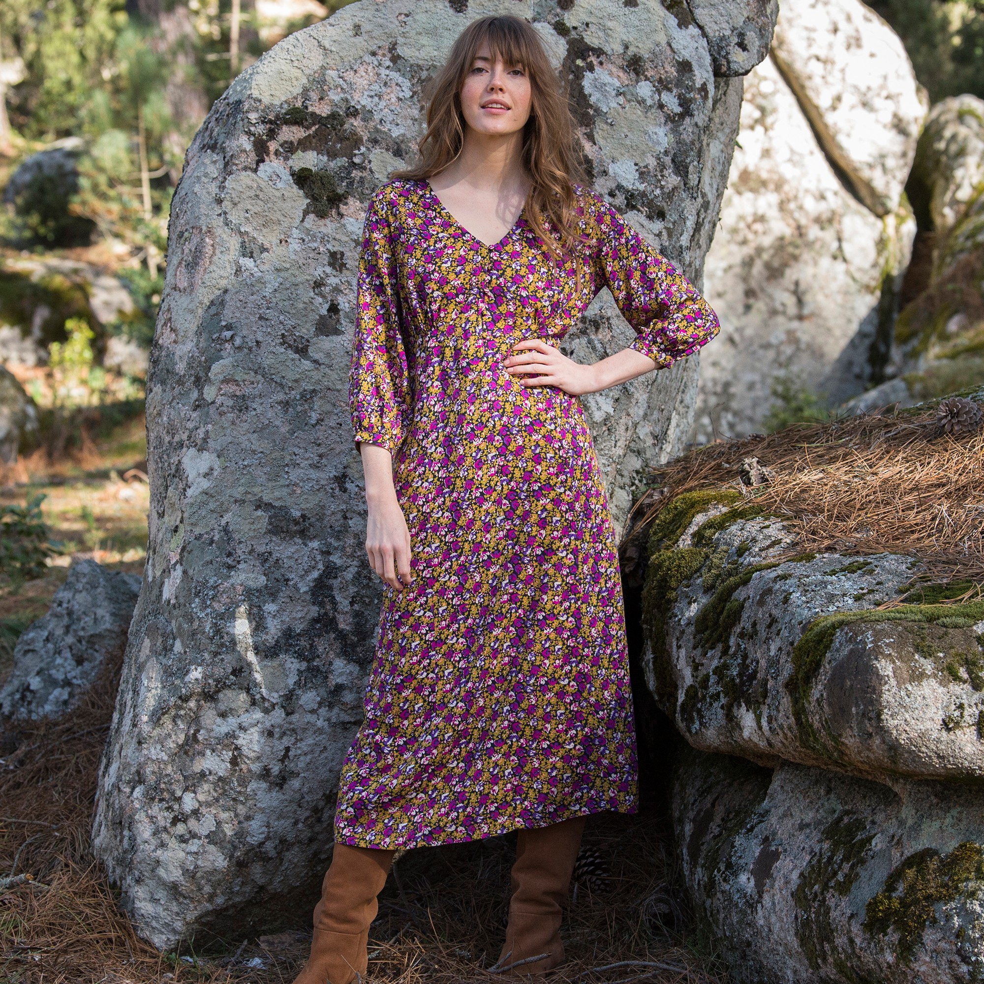 Jurk met 3 4 mouwen en bloemenprint zwart violine Blancheporte