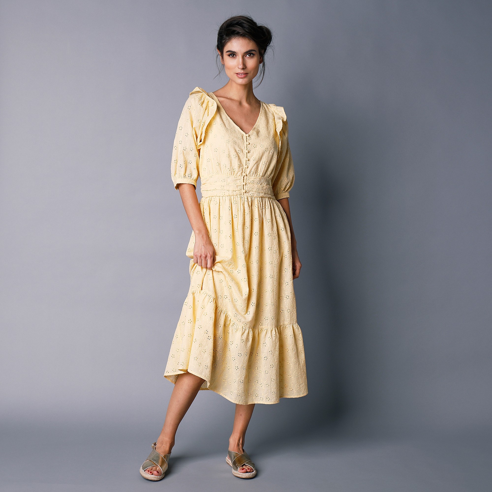 Robe volantee col V broderie anglaise jaune Blancheporte