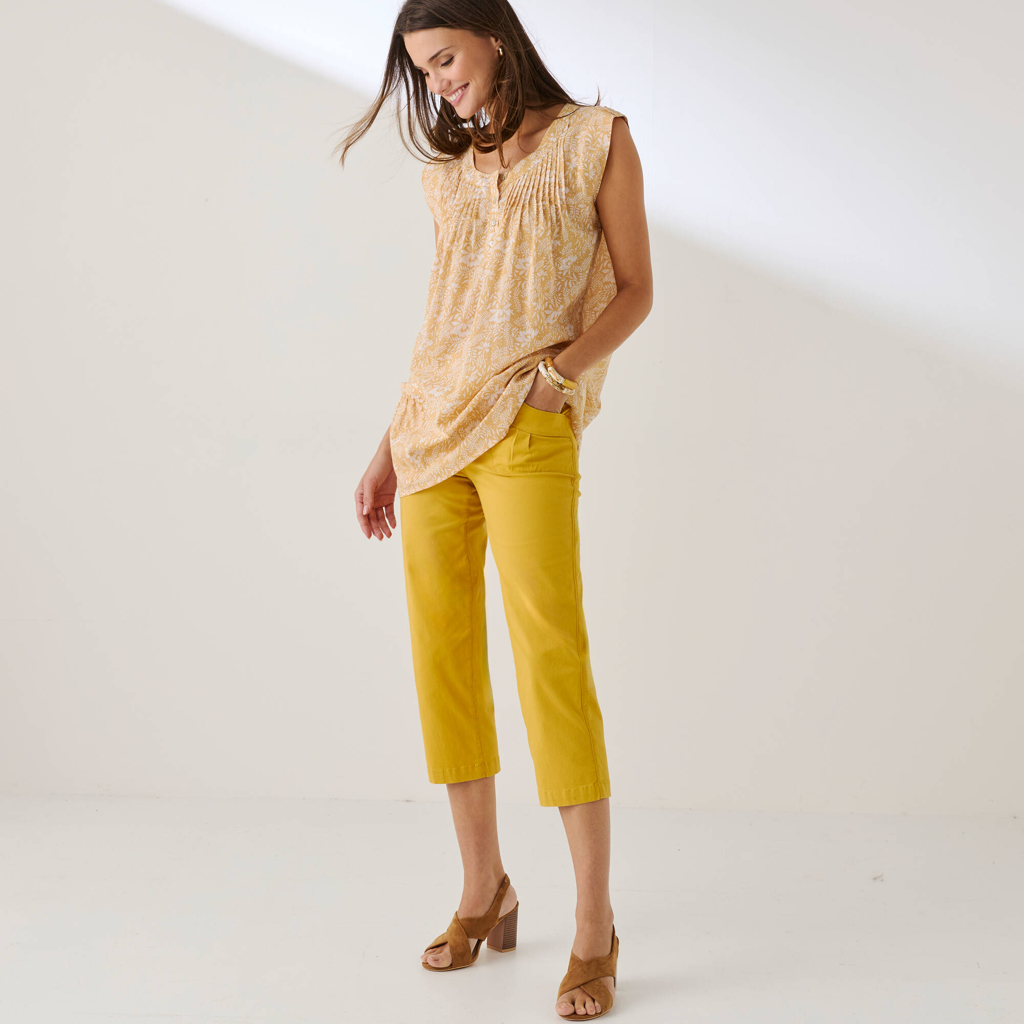 Tunique col V blousante voile imprimé doublé - Bleu marine - Femme - 26