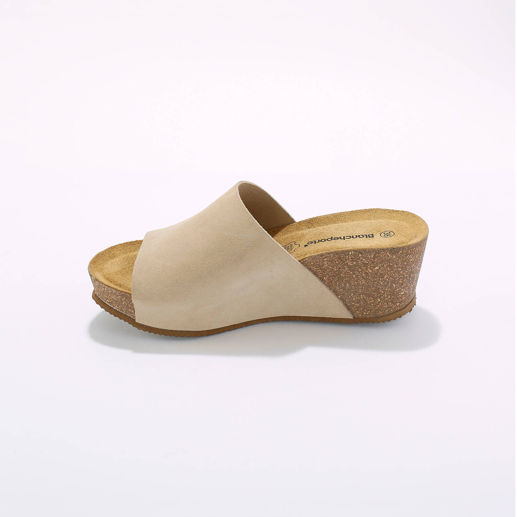 Mules compensées en cuir et talon liège, beige Blancheporte
