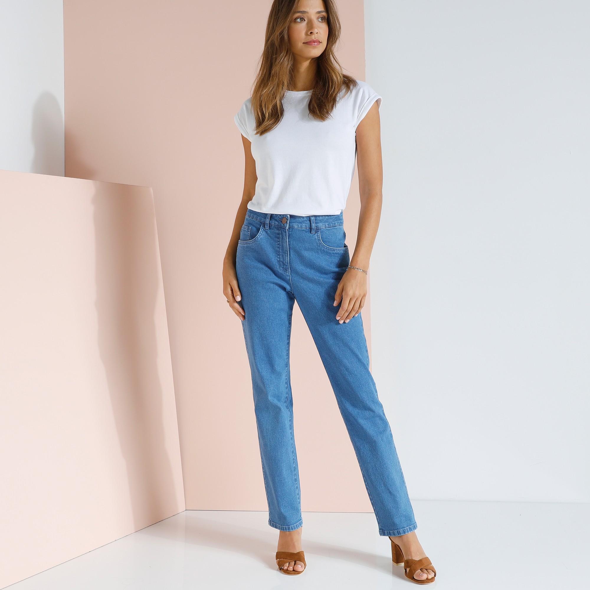 Pantalon effet ventre plat coton extensible bleached Blancheporte