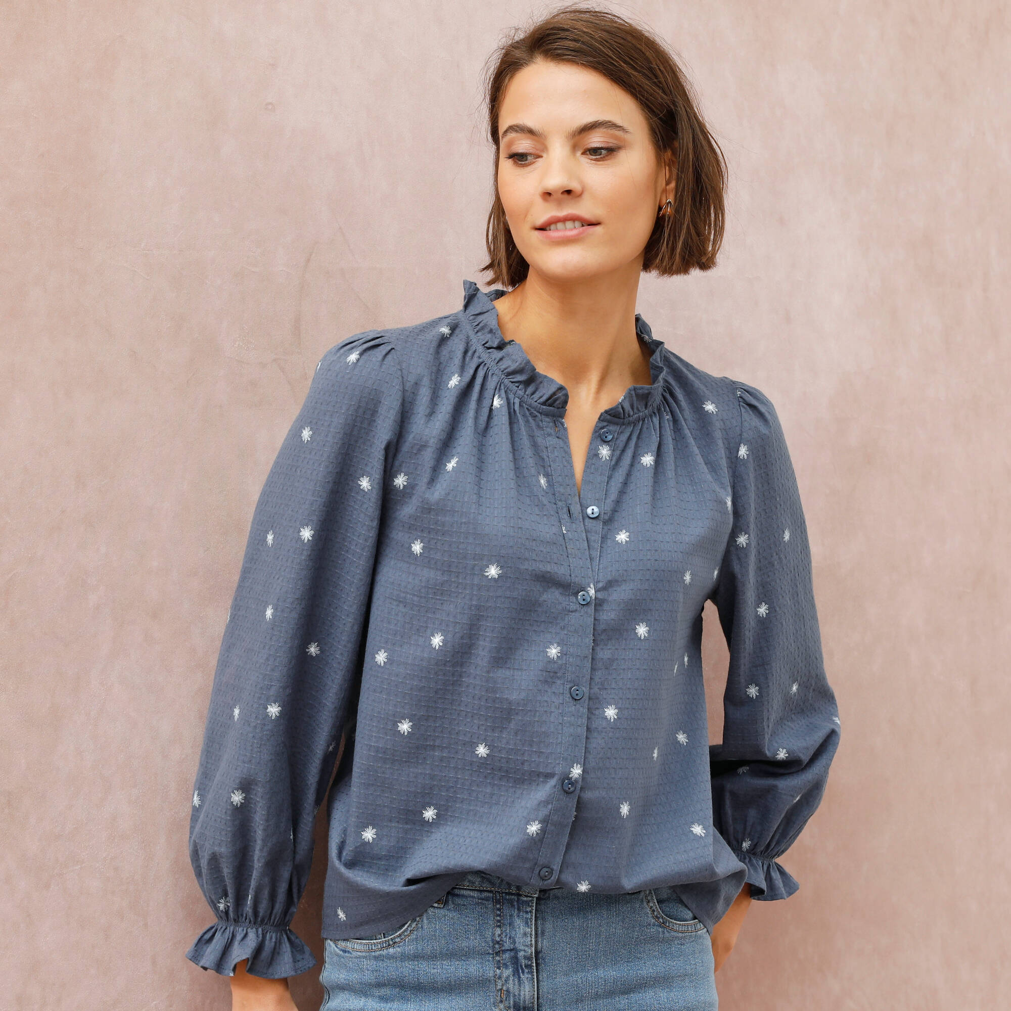 Chemisier Fleuri à Volants Blancheporte - Taille 44, Rose, Coton, Occasion Comme Neuf