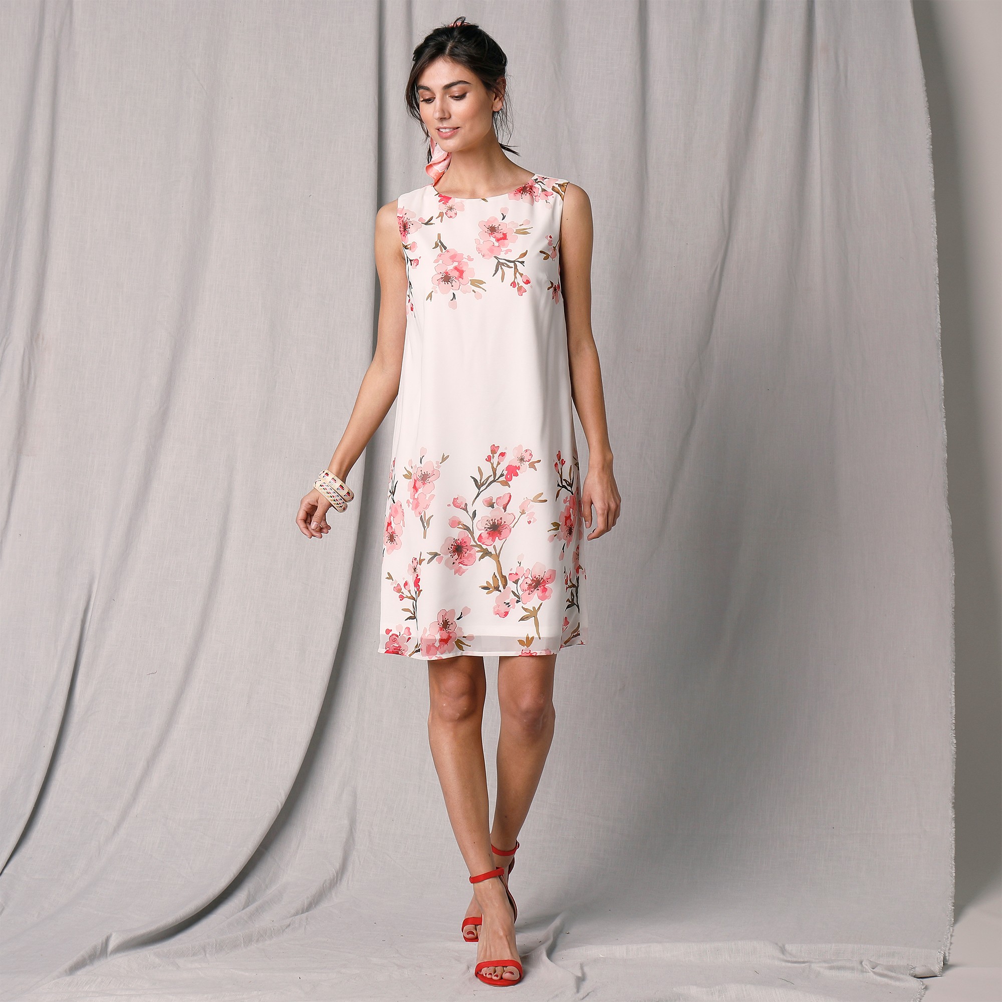 Robe courte sans manches voile base imprimee ivoire Blancheporte