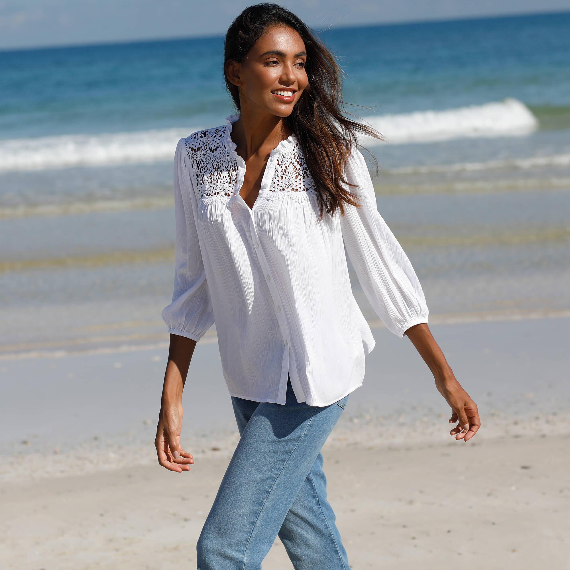 Chemisier boutonné macramé, col volanté, blanc Blancheporte