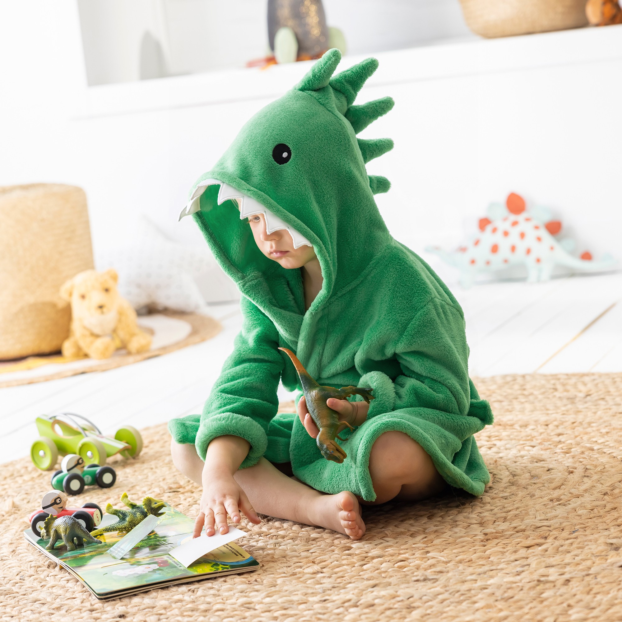 Peignoir de bain enfant dinosaure a capuche microfibre toute douce vert Blancheporte