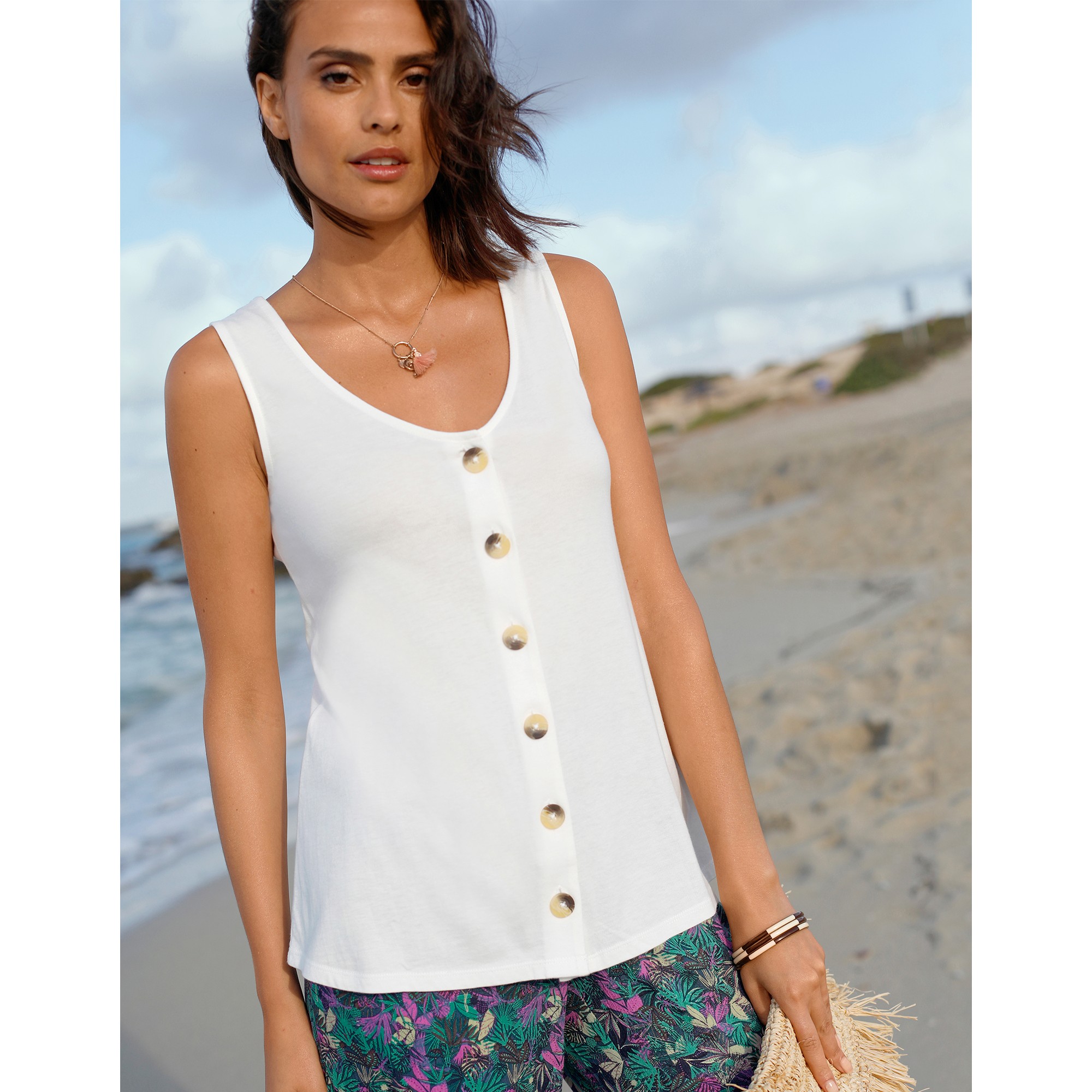 Debardeur boutonne uni blanc casse Blancheporte