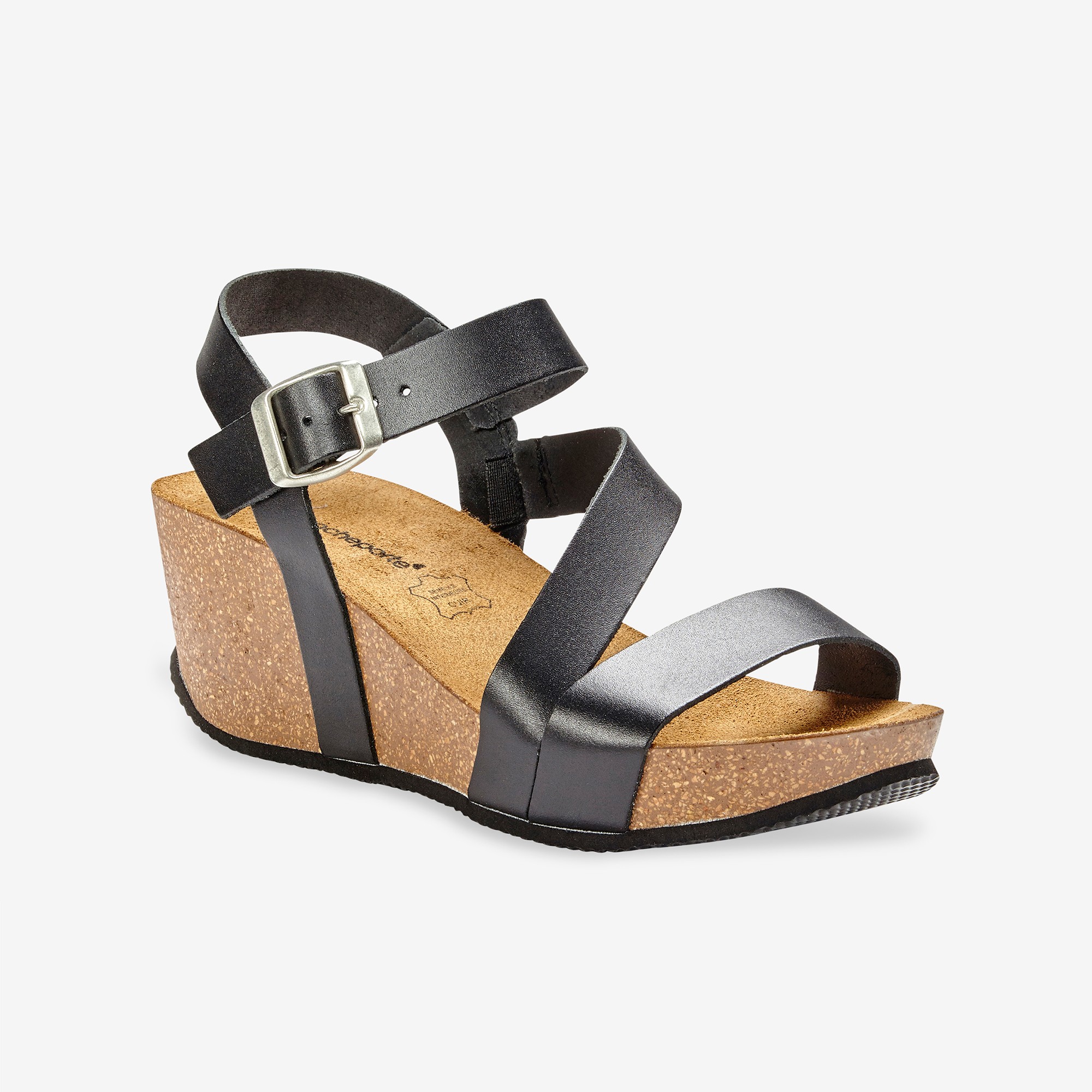 Sandales compensées cuir semelle liège - noir | Blancheporte