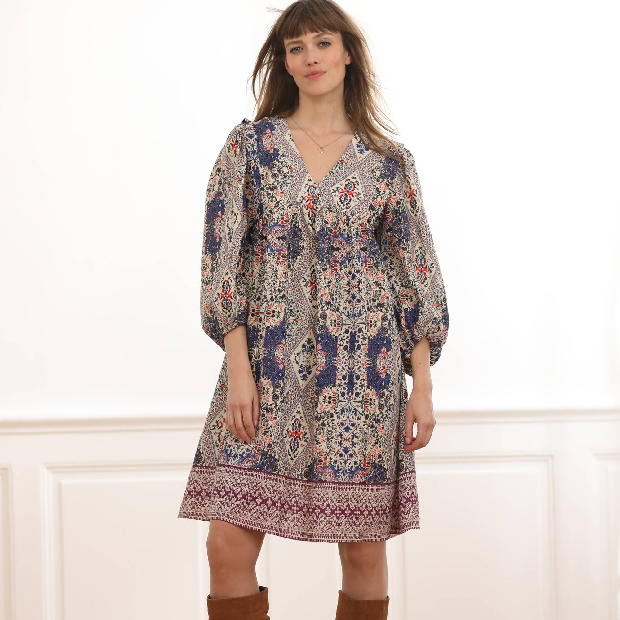 Bedrukte jurk met ruime mouwen blauw pruim Blancheporte