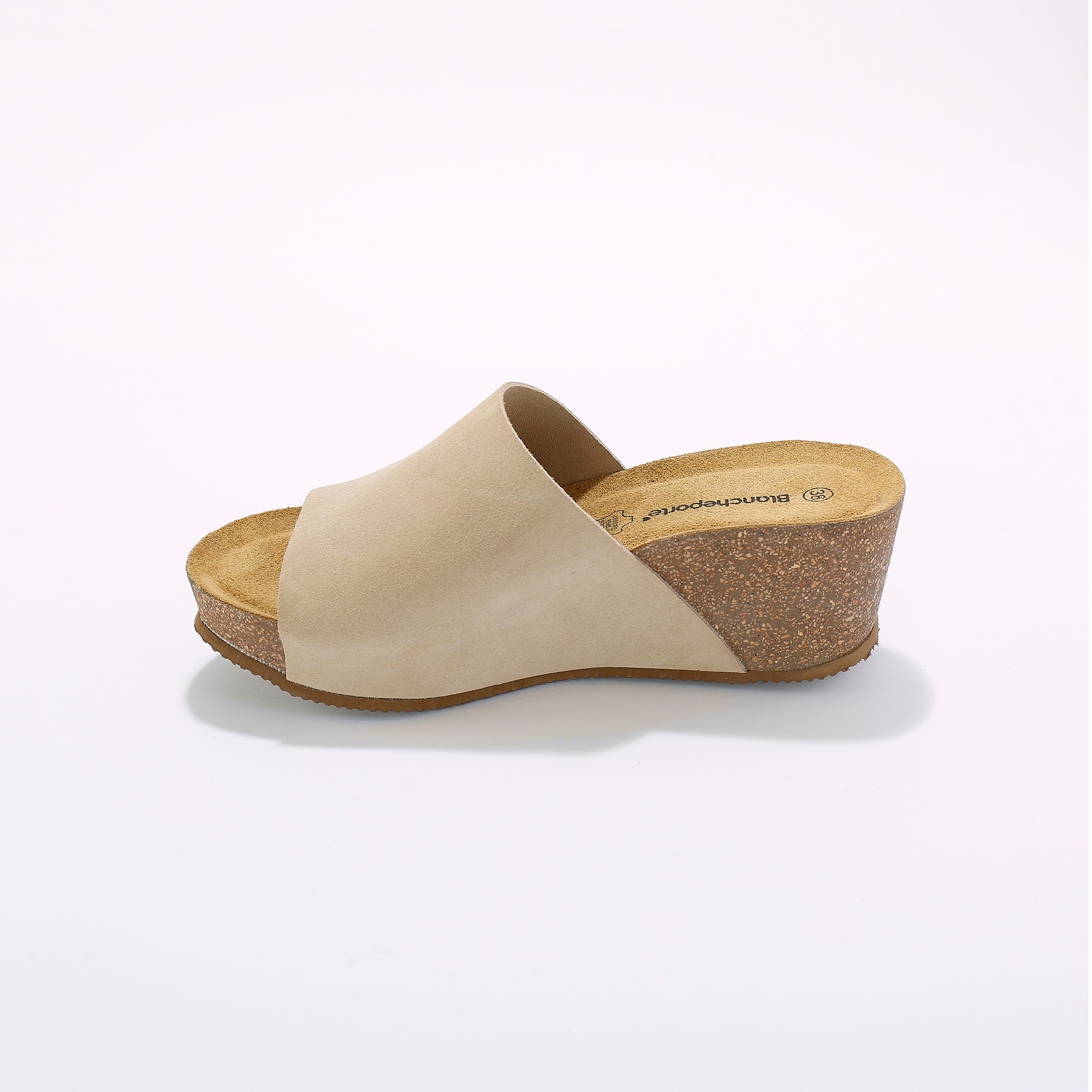 Mules compensees en cuir et talon liege beige Blancheporte