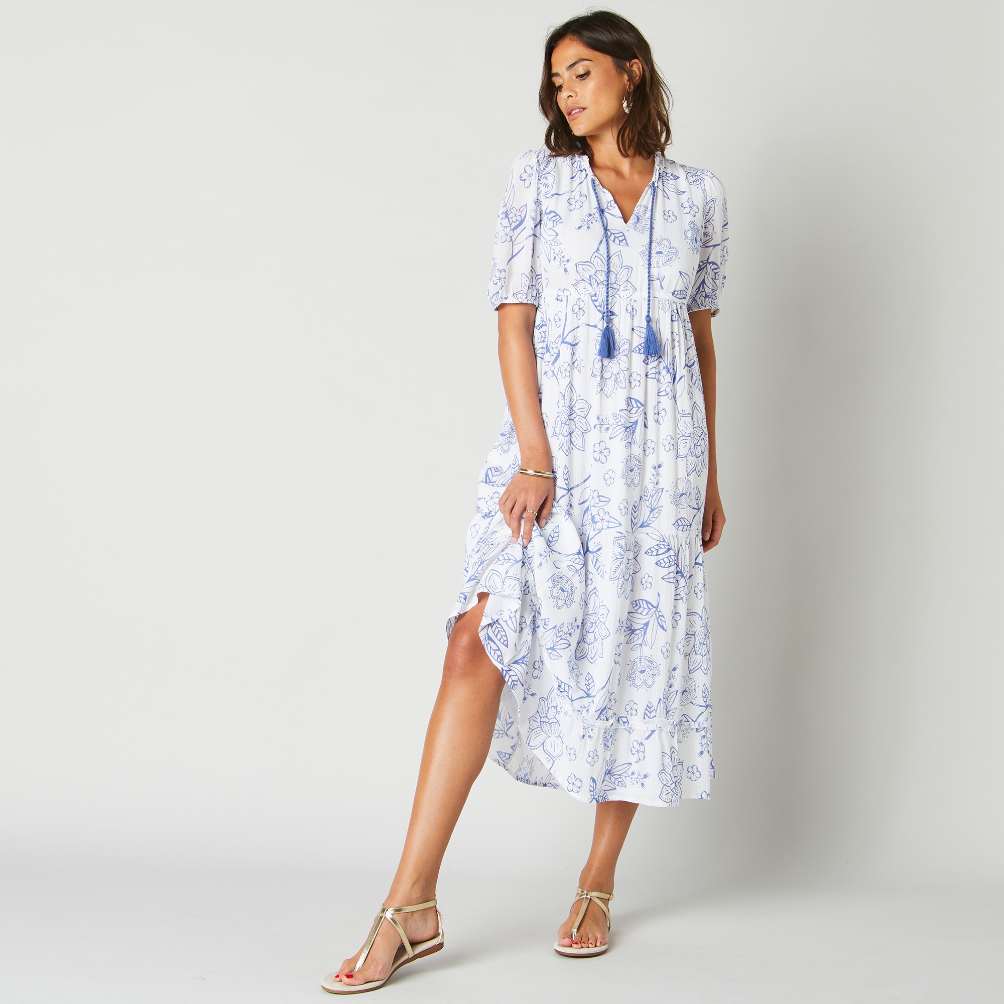 Robe longue volantee imprimee blanc bleu Blancheporte