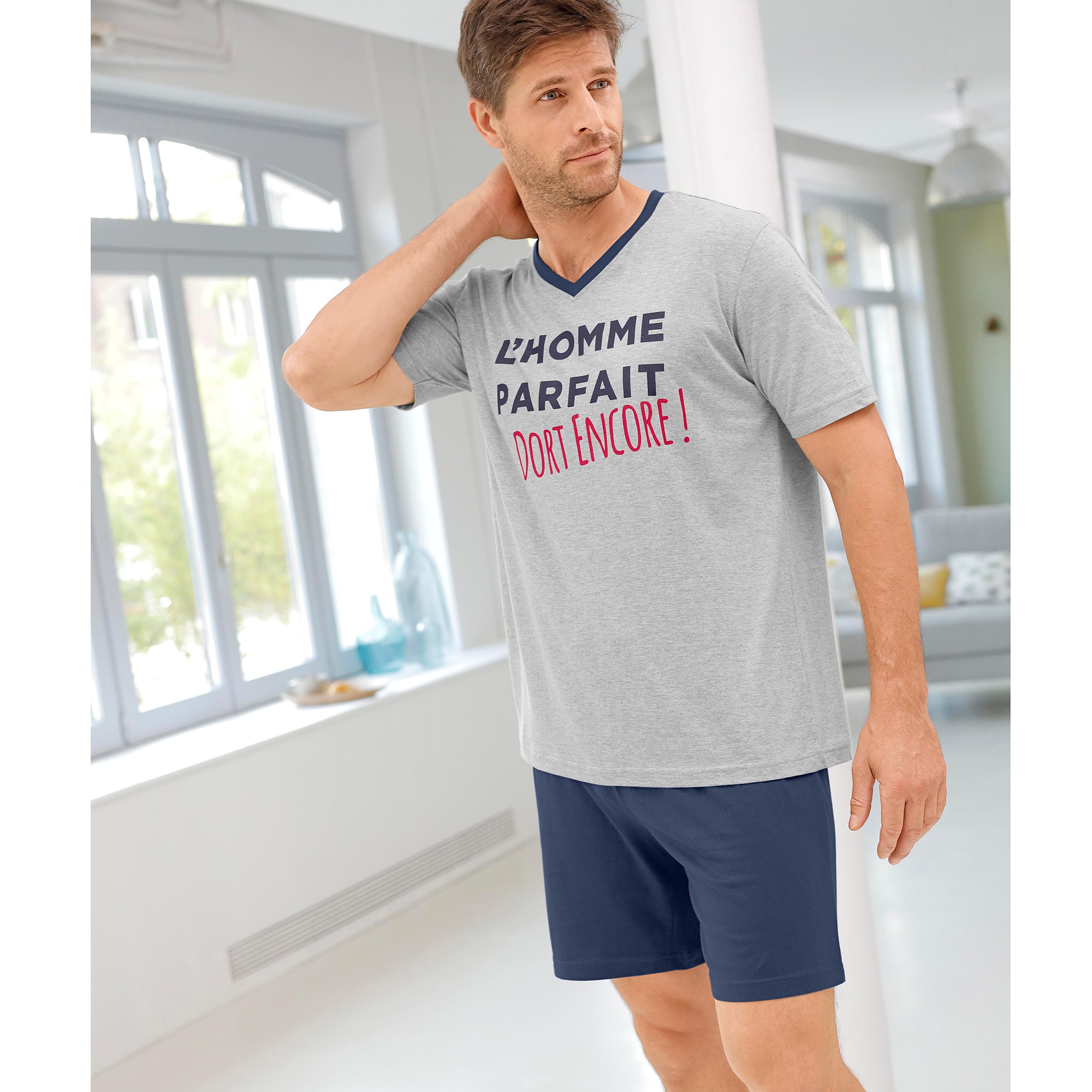 Pyjama short col V imprime message gris chine marine Blancheporte